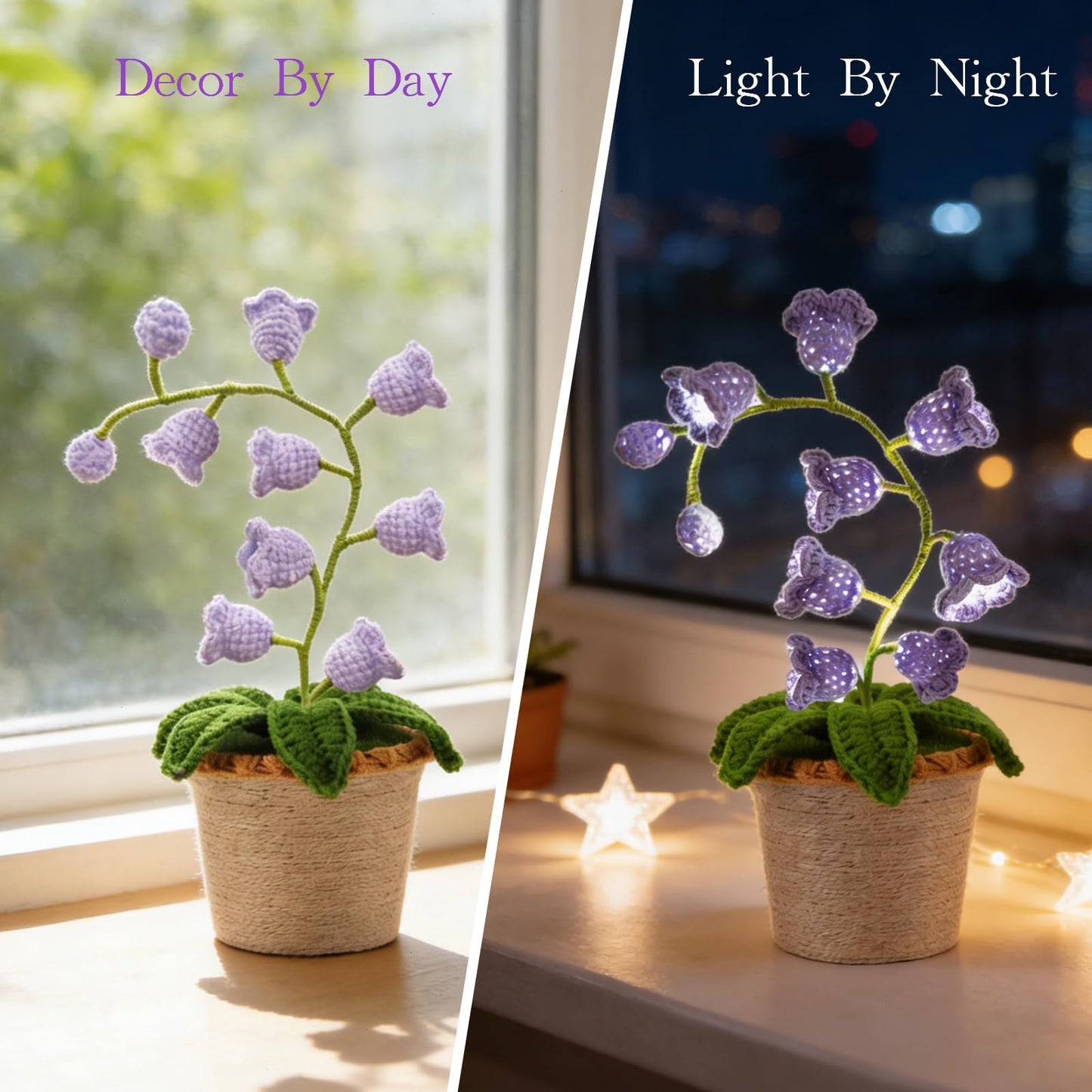 AVEKI Lily of Valley Lamp, Handmade Crochet Artificial Flower Lamp with Warm Light, Cute Desk Lamp for Bedroom, Battery Power Decor LED Night Light, Gift for Mom Daughter Girlfriend (Warm) (Purple)