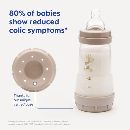 MAM Easy Start Anti-Colic Bottle Starter Set | Includes 4X Feeding Bottles and MAM Original Start 0-2 Month Soother | Self-Sterilising | Baby Gift Set of Newborn Essentials | White (Various Designs)