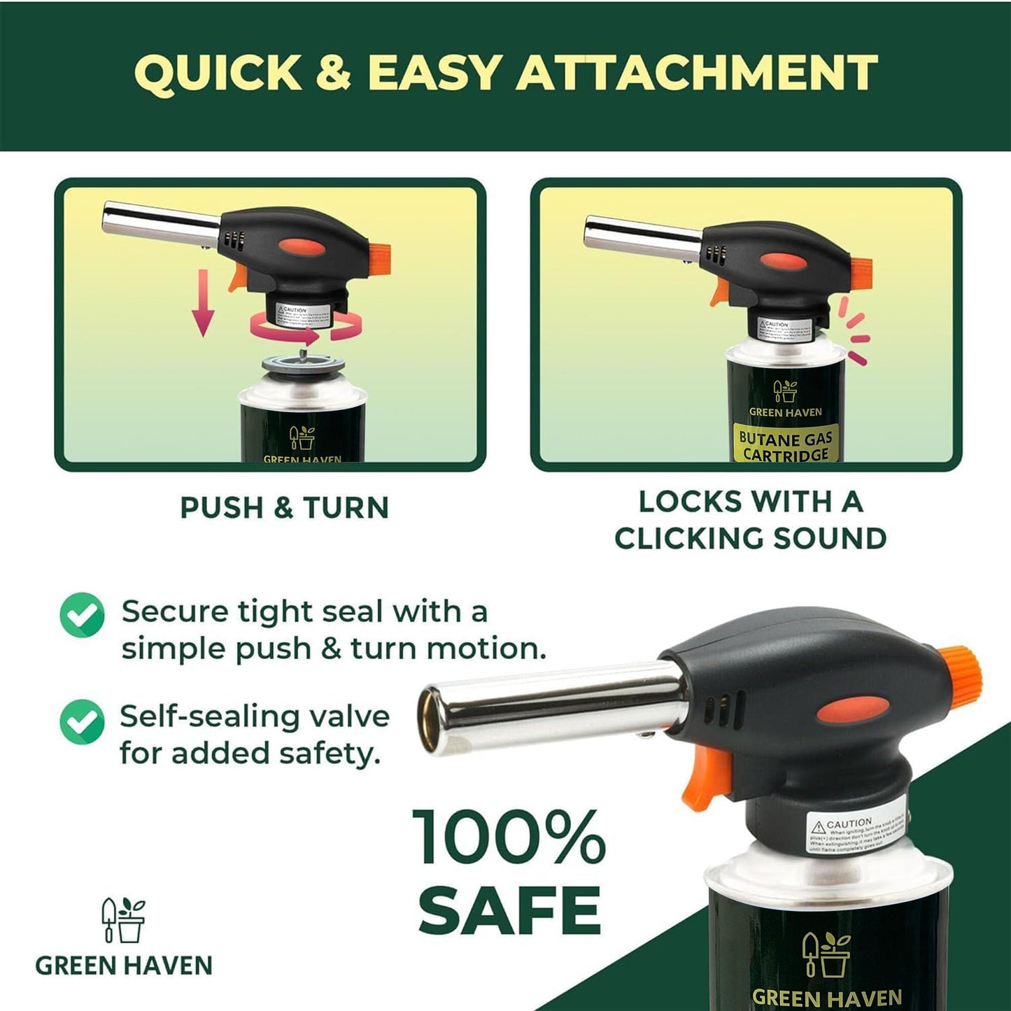 Green Haven Blow Torch for Cooking Attachment Head with 4 Gas - One-Handed Gas Torch with Adjustable Flame & Safety Lock, Fits All Butane Tanks, Ideal for Creme Brulee, Desserts, BBQ, Baking