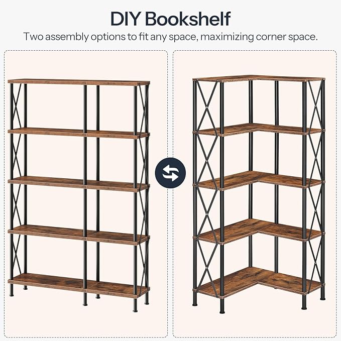 HOOBRO Corner Bookshelf, 5-Tier L-Shaped Bookcase, Industrial Open Display
