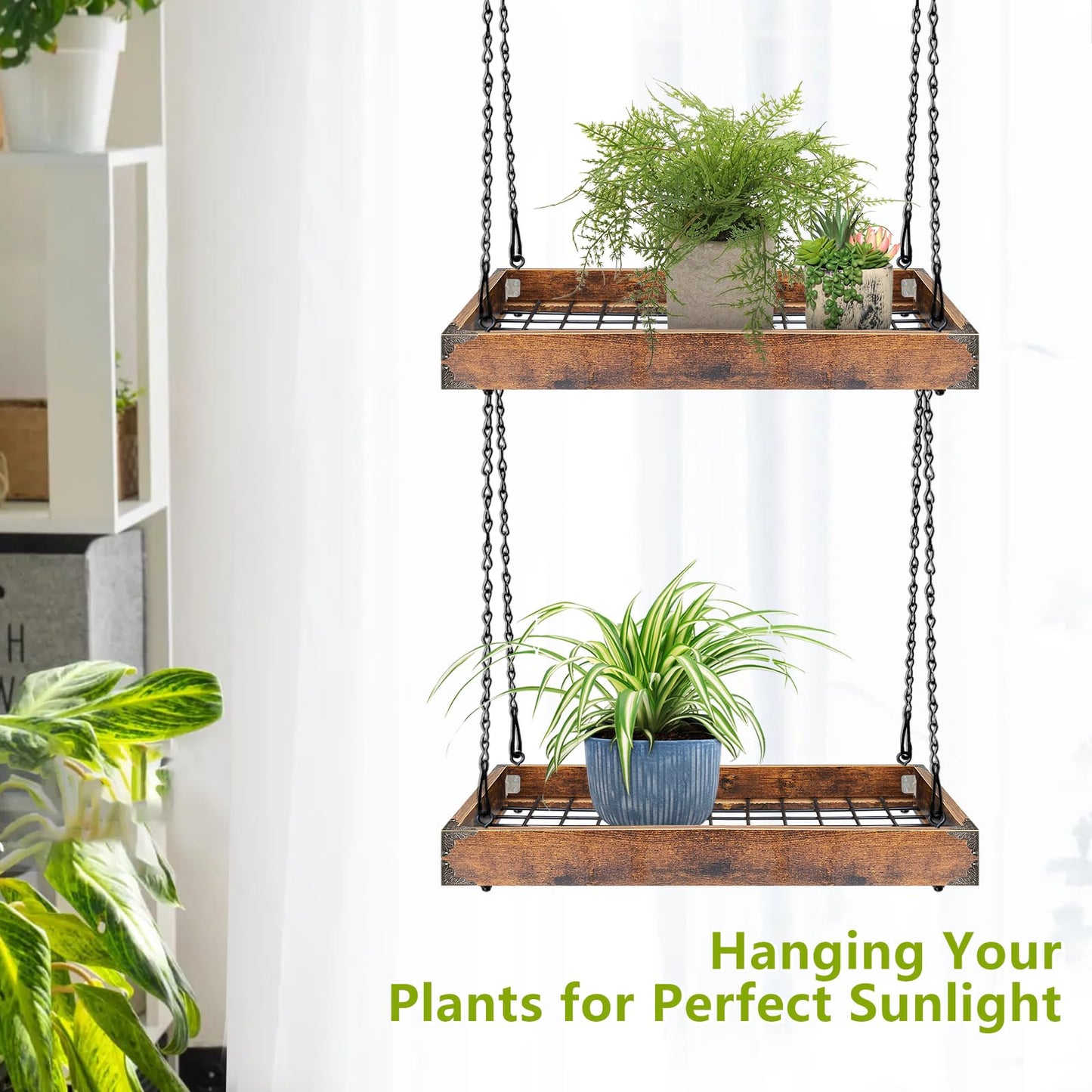 Lilybud--lily Plant Hanger Indoor Outdoor, 16" Large Hanging Planters for Indoor Plants Hanging Plant Holder Wood Metal Hanging Plant Shelf Large Hanging Baskets for Plants Outdoor Window Ceiling