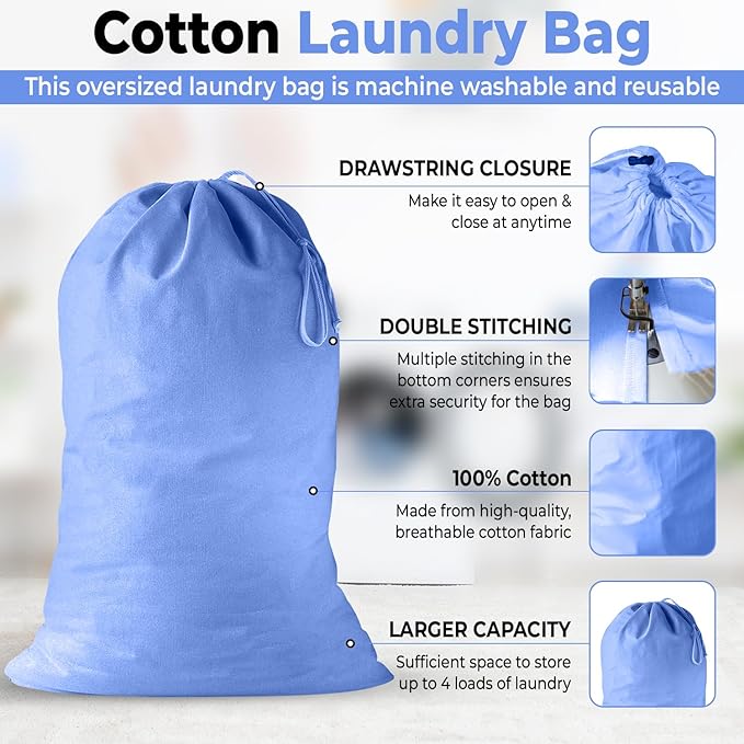2 Pack - Extra Large Cotton Laundry Bag, Heavy Duty Large Laundry Bags 24 x 36
