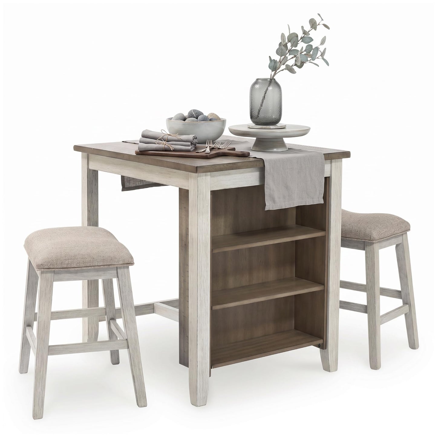 Signature Design by Ashley Skempton 3 Piece Counter Height Dining Table and Bar Stools Set, Built-in Storage, Wood, Acacia Veneer and Engineered Wood, Small Kitchen Table, White/Light Brown