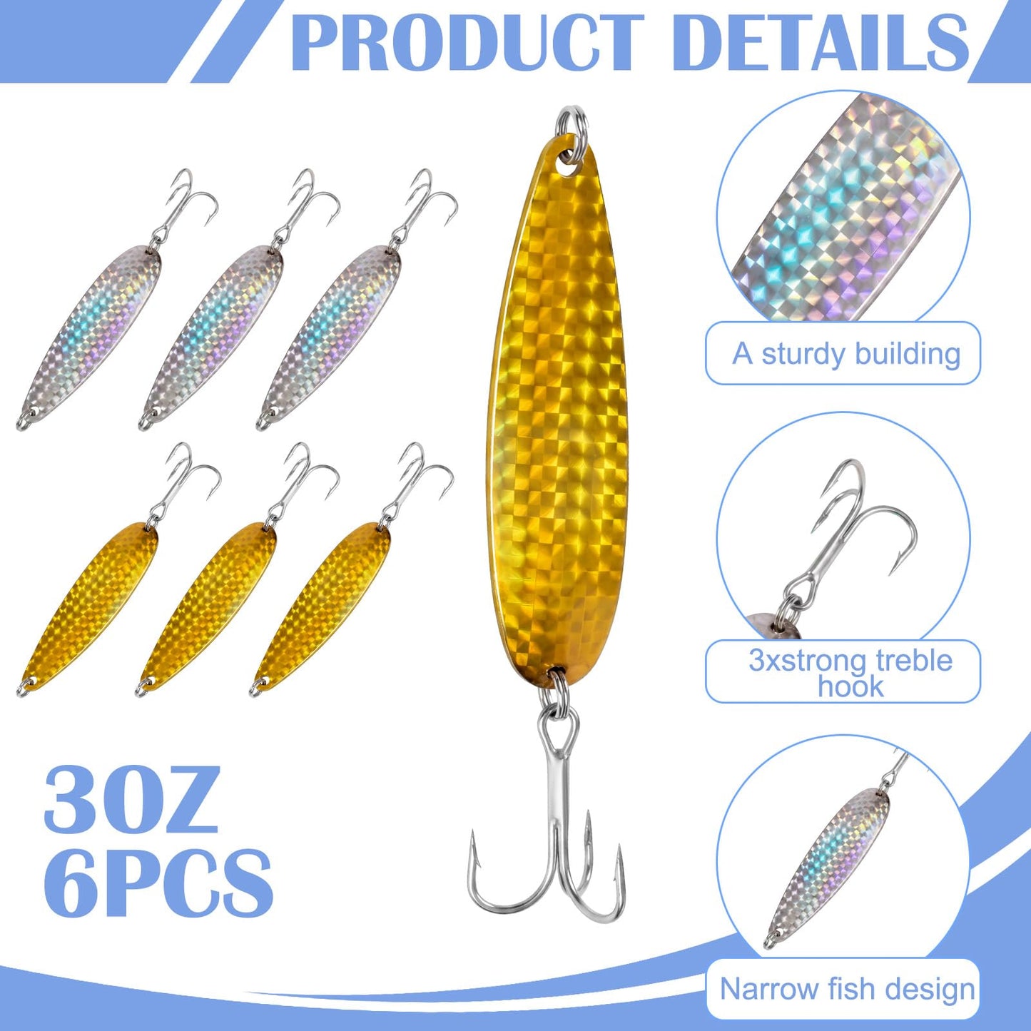 Soulchen 6 Pcs Crocodile Fishing Spoons with Heavy Duty Treble Hooks Saltwater Freshwater Fishing Lures Spoons for Tuna Bass Salmon Trout Walleye Pompano Mackerel Bluefish Casting (Gold，Silver,3 oz)