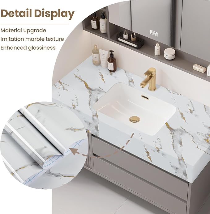practicalWs Glossy Marble Wallpaper Peel and Stick White/Gold Granite Contact