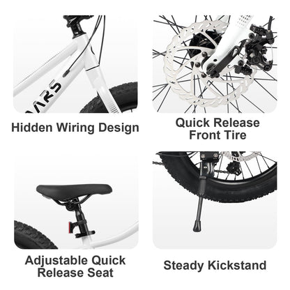 Glerc Mars Kids Mountain Bike, 24 Inch Fat Tire Bike for Teen Ages 8-14 Year Old, Bicycle with 2.8-Inch Wide Tires and 6 Speed Drivetrain, White