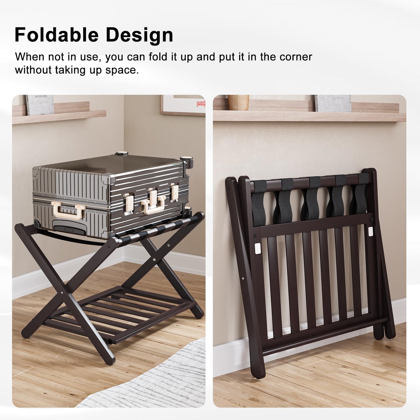 Smuxee Fully Assembled Brown Luggage Racks Pack of 2, Upgraded Bamboo Foldable Suitcase Stand with 5 Nylon Straps, Luggage Holder with Shelf for Guest Room Bedroom Hotel