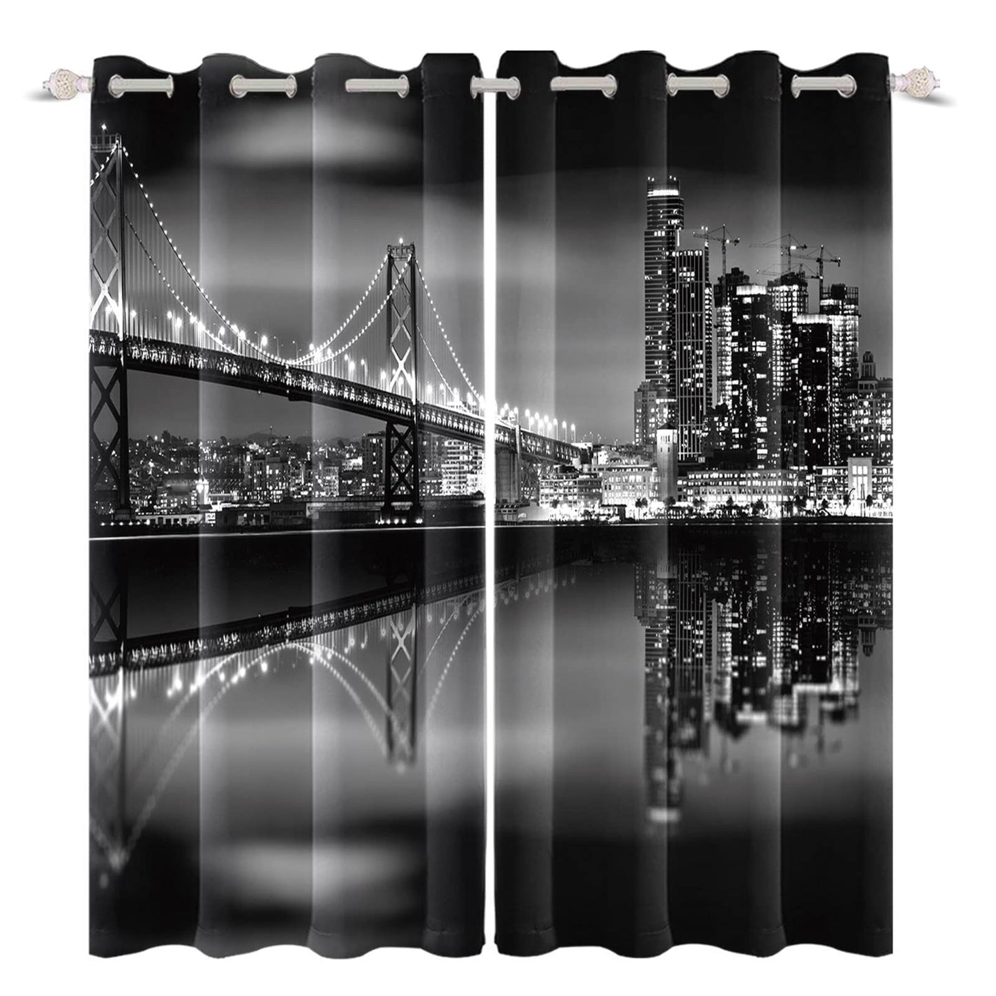 Umpoo City Night View Blackout Window Curtains San Francisco Urban Bridge Skyscrapers Black Scenery Window Drapes 2 Panels Set for Modern Living Room Bedroom Decor Window Treatment, 42x84 Inch