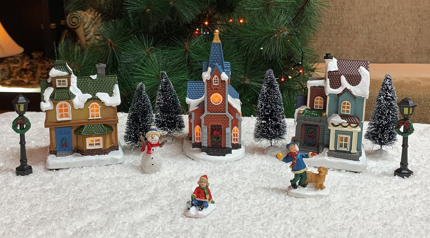 MOMENTS IN TIME Christmas Village Set 12-Piece with LED Lights Miniature Christmas Houses Church Lighted Holiday Décor for Tabletop Mantel Village Display Gift-Ready Packaging