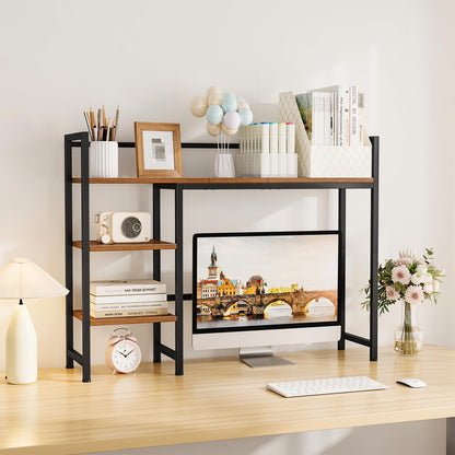 Snughome Desk Shelf, 38.6" Desktop Organizer Shelf, Desk Hutch for Computer Monitor, 4 Tier Desktop Display Rack, Wood Desktop Bookshelf Storage Rack for Home Office Dorm, Rustic Brown