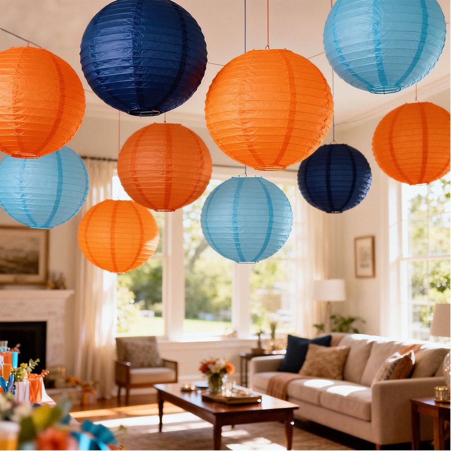 KUNYYI Orange and Blue Paper Lanterns 12Pcs Hanging Lantern for Birthday Party, Wedding, Home Decor, Baby Shower Festive Decoration