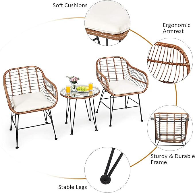 Tangkula 3 Pieces Patio Conversation Bistro Set, Outdoor Wicker Furniture