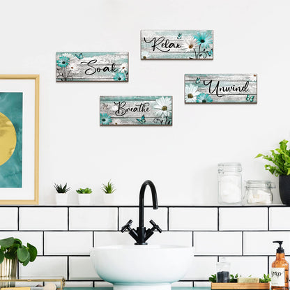 Sunnyray 4 Pcs Farmhouse Bathroom Wall Decor Sign Spring Daisy Tulip Flowers and Butterfly Bathroom Wall Art Relax Soak Unwind Breathe Rustic Wood Plaque Decor(10 x 4 Inch,Turquoise)