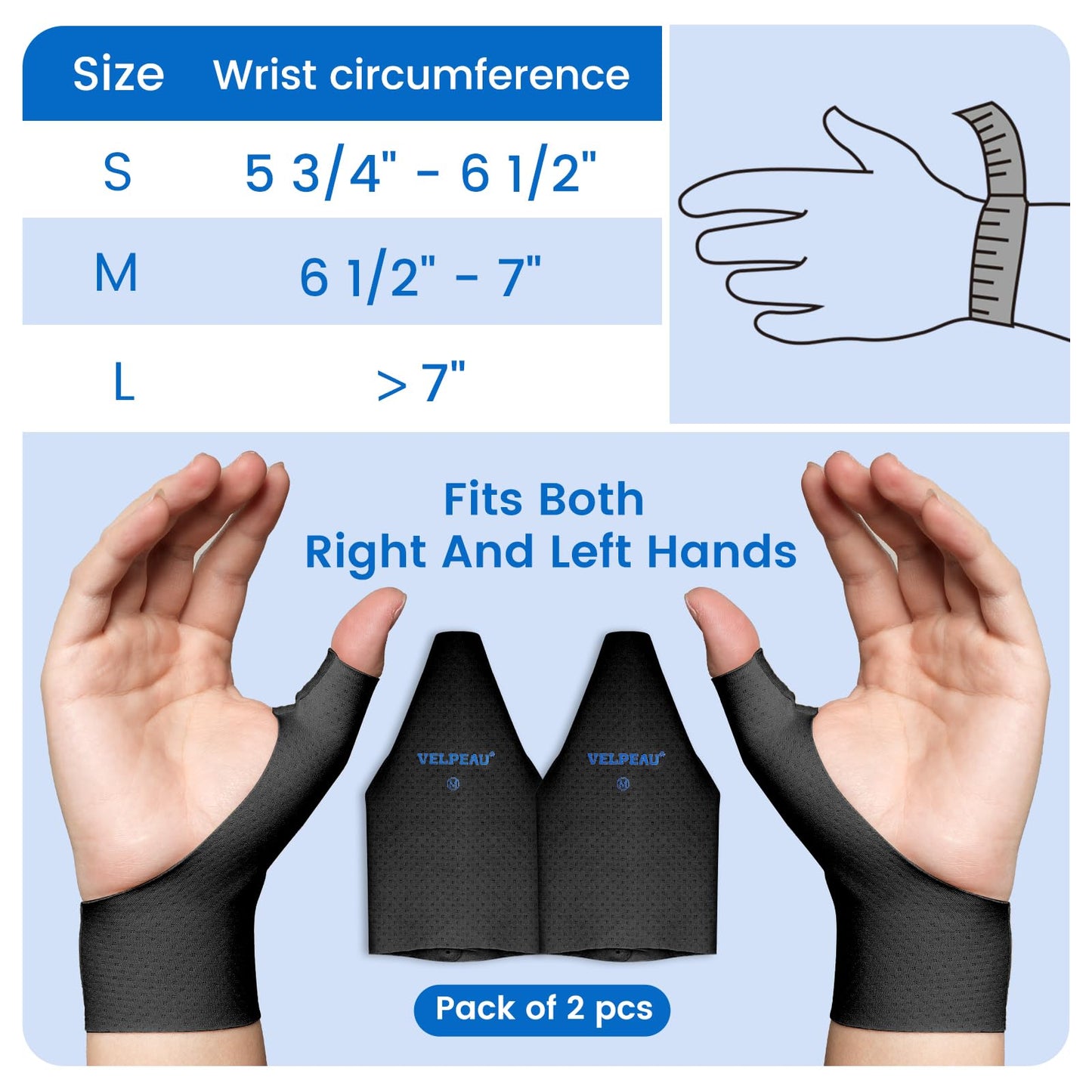 VELPEAU Thumb and Wrist Compression Sleeve for Tendonitis (Pack of 2), Seamless Technology, Gloves Wraps for Arthritis Pain Relief for Women & Men, Splint Liner, Fits Both Hands (Black, Long Version, S)