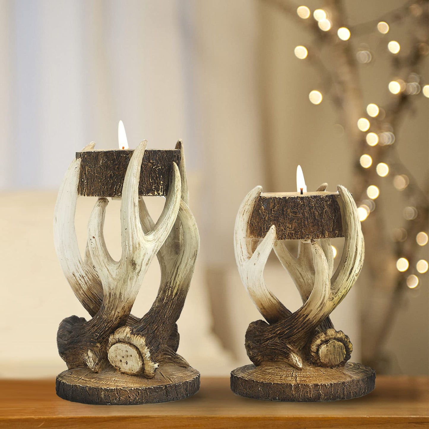 Duomiacasa 2Pcs Antler Deer Candle Holders, Rustic Elk Tealight Holder,Cabin Log Decoration