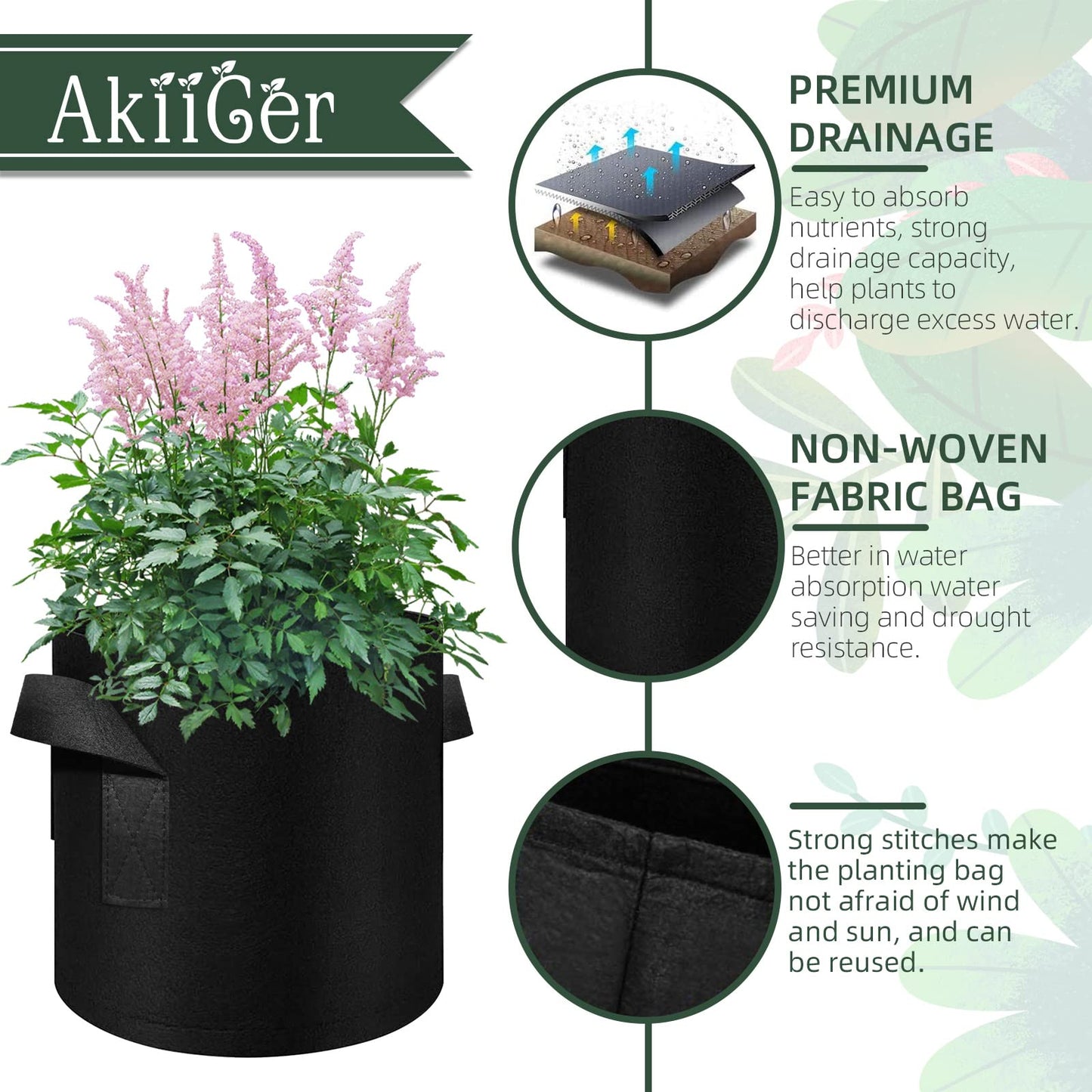 AkiiGer 5/10/12/20/30 Pack 10 Gallon Grow Bags, Heavy Duty Thickened Nonwoven Fabric Pots with Handles, Plant Grow Bags for Vegetable/Flower/Plant/Fruits, Black