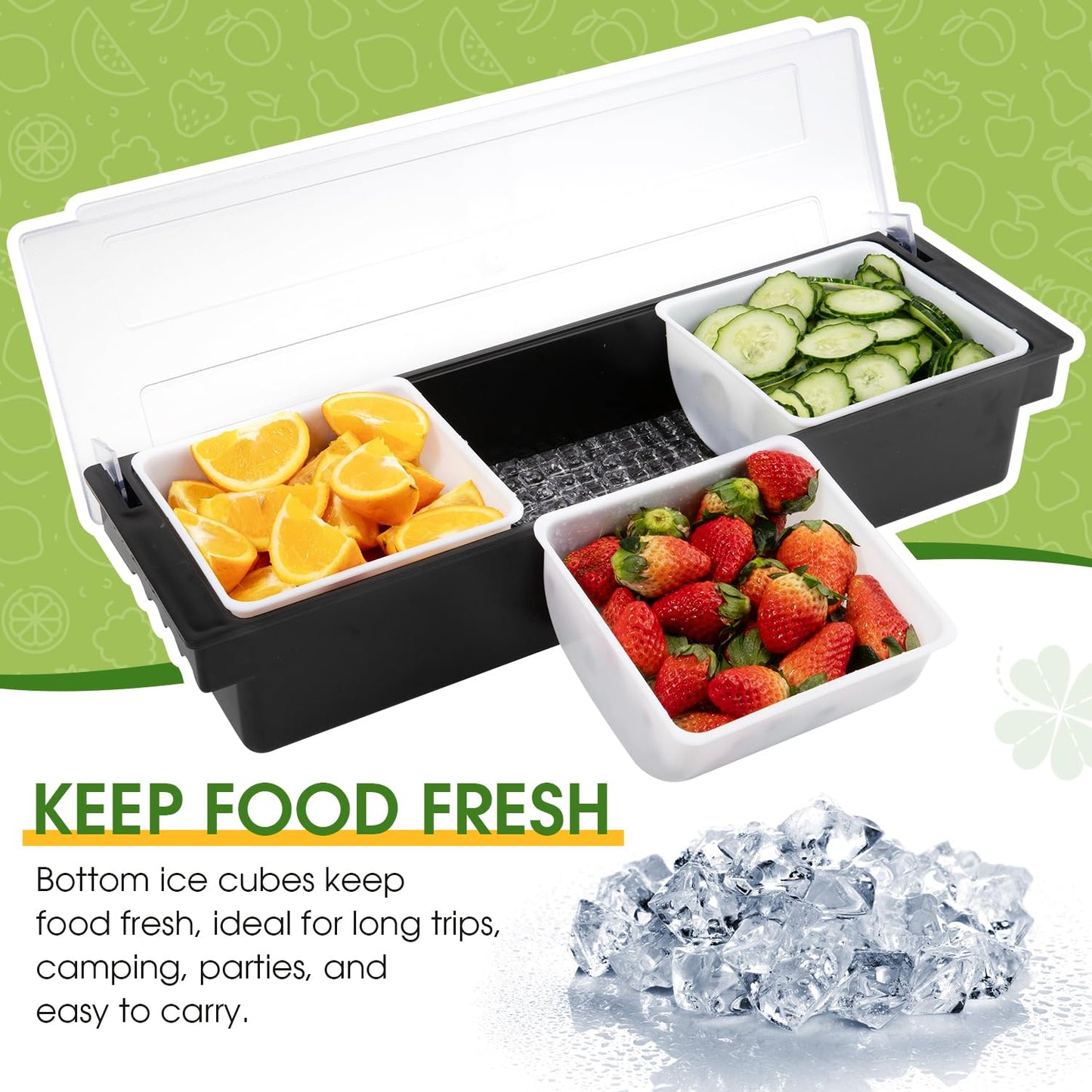 POWLAB Ice Cooled Condiment Serving Container Fruit Veggie Condiment Caddy Plastic Garnish Station with Lid for Fruit,Ice Cream,Salad Bar-Topping Organizer for Restaurant Supplies (3 Compartments)