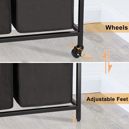 Timberer Laundry Hamper, Laundry Sorter with 4 Section, Rolling Basket with Wheels, 2 Shelves, 4 14.5 Gal, Pull-Out and Removable Oxford Fabric Bags for Laundry Room, Black and Rustic Brown