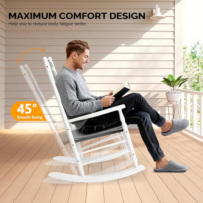 VINGLI Wooden Rocking Chair, Outdoor Chair with 450 lbs Support, Relaxing Rocker with Solid Wood High Back Seat Reclining Seat for Deck, Garden, Backyard, Porch (White & Grey, 2PCS)