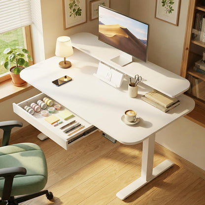 GTPLAYER Electric Standing Desk with Drawers, 48 x 24 Inches Height Adjustable Computer Desk with Monitor Stand, Laptop Stand, Home Office Sit Stand Up Desk with Memory Preset, White