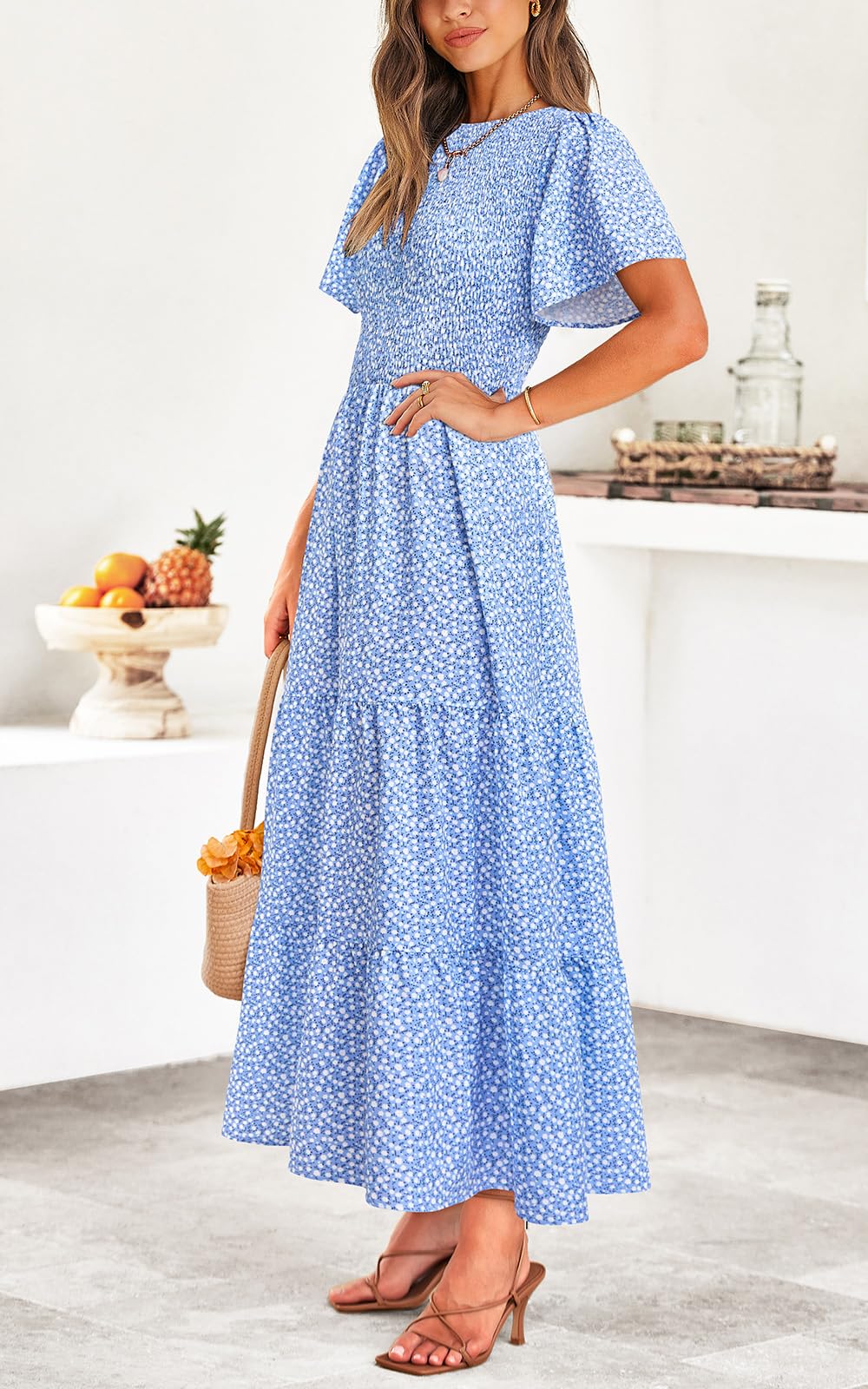 PRETTYGARDEN Women's 2025 Summer Casual Flutter Short Sleeve Boho Floral Maxi Dress Crew Neck Smocked Tiered Long Dresses