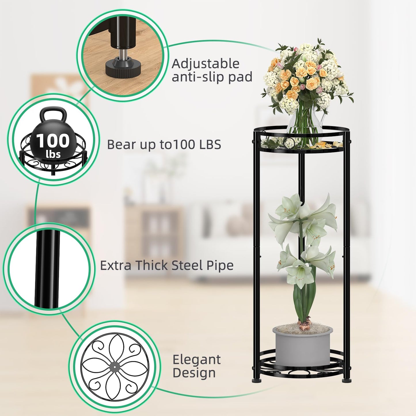 Simple Trending Round Plant Stand Indoor Outdoor, Waterproof Metal Tall 31” Plant Shelf Holder, Heavy Duty Flower Pot Display Rack, 2 Pack, Black