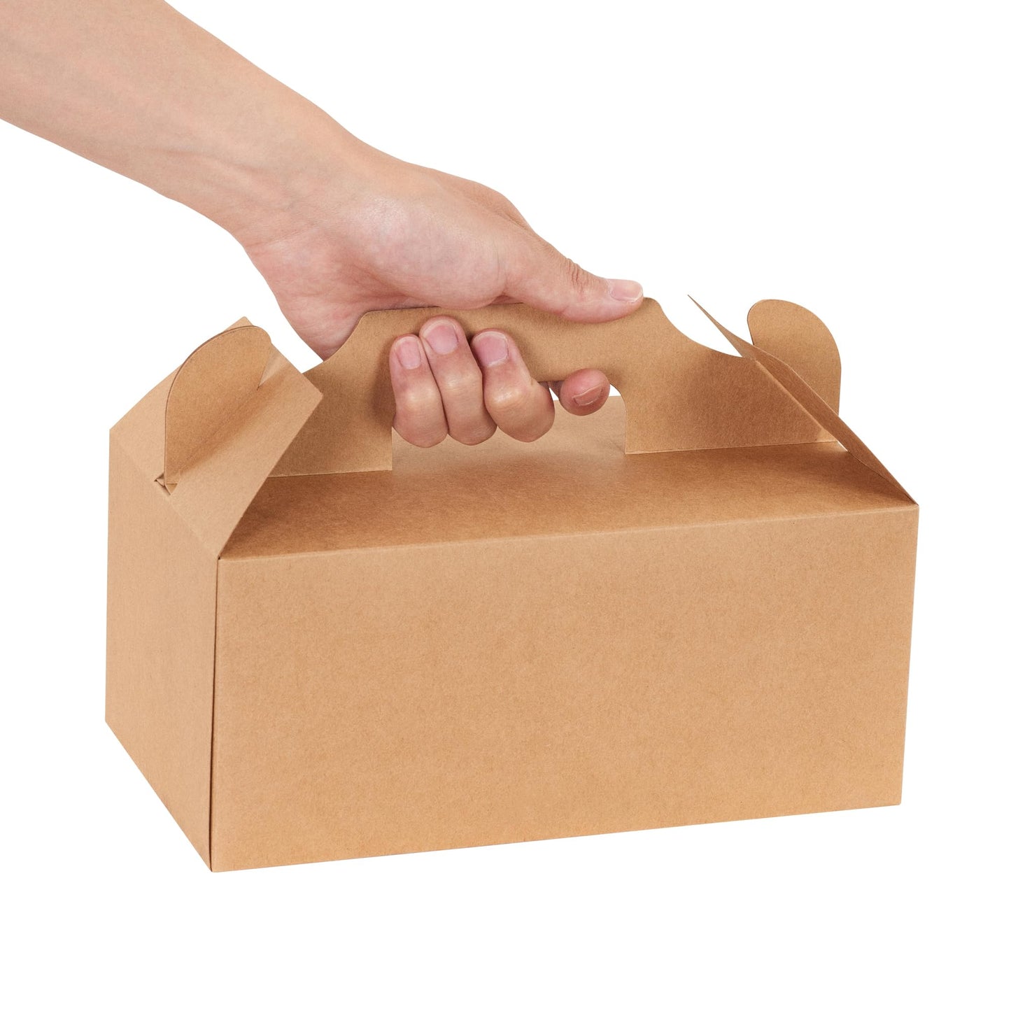 Restaurantware-Bio Tek 10.2 x 5.9 x 6.9 Inch Treat Boxes With Handles, 100 Rectangle Gable Boxes - With Secure Tab, Grease-Resistant, Kraft Paper Cardboard Boxes, Recyclable