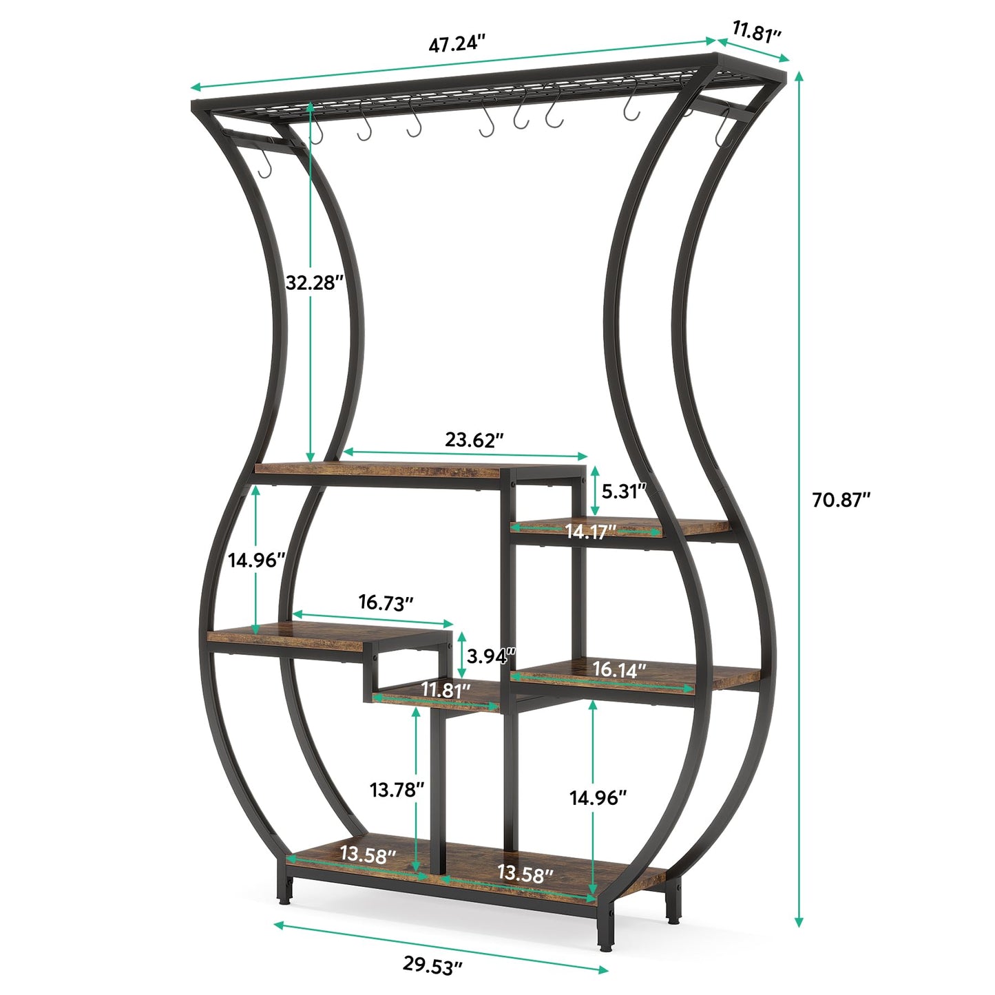 Tribesigns 6-Tier Plant Stand, 70.9 Inch Tall Plant Shelf with 10 Hanging Hooks, Vase Shape Ladder Plant Stand, Multi-Purpose Plant Display Rack for Indoor, Balcony, Living Room, Brown and Black