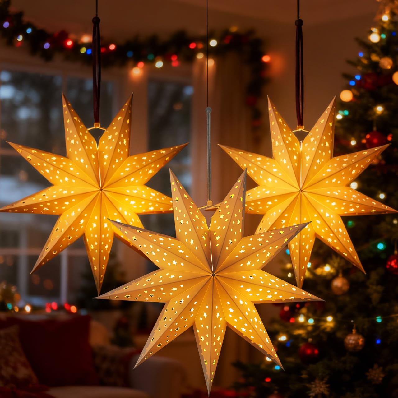 CALLARON 3Pcs Paper Star Lantern, Paper Christmas Decorations, Hanging Star Lantern, 9 Pointed Christmas Stars Lampshade, Foldable White Lampshade Decor for Christmas, Wedding, Holiday Party, 14inch