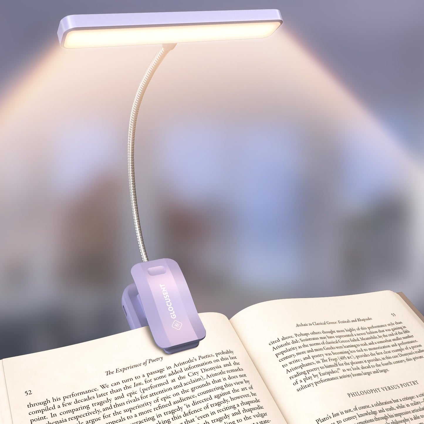 Glocusent 26 LED Book Light, 1200 mAh 90 Hrs Lasting Rechargeable Reading Light, 5 Amber Colors & Stepless Dimming Book Reading Light - Portable Clip on Light for Book Lovers Kids
