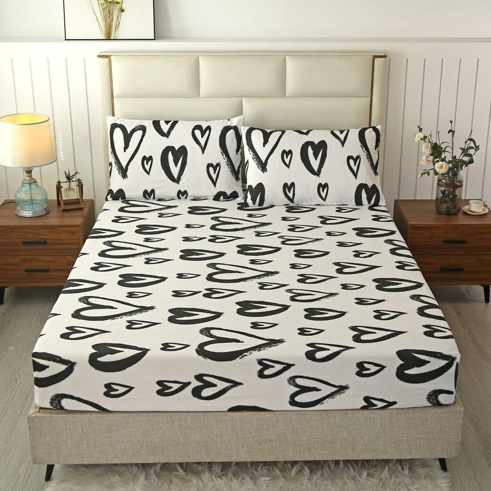 SDIII Love Heart Fitted Sheet Twin with 2 Pillowcases, Deep Pocket Soft Microfiber Black and White Romantic Bed Sheet
