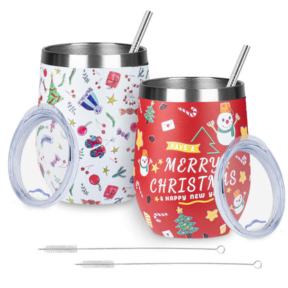FristChoice 12oz Christmas Wine Tumbler with Lid and Straw,Stainless Steel Insulated Stemless Wine Tumbler Double Wall Vacuum Wine Cups Tumbler Christmas Gifts for Women Men(Xmas Elements,2)