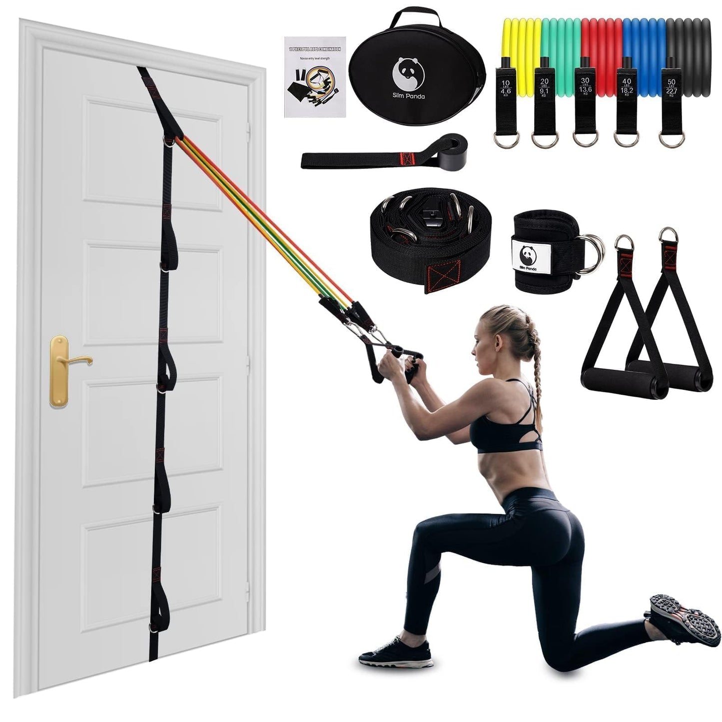 Slim Panda 11-Piece Door Anchor Strap for Resistance Bands - Complete Resistance Band Door Anchor System with 5 Stackable Bands - Home Gym for Full Body Strength Training - Fits up to 8FT
