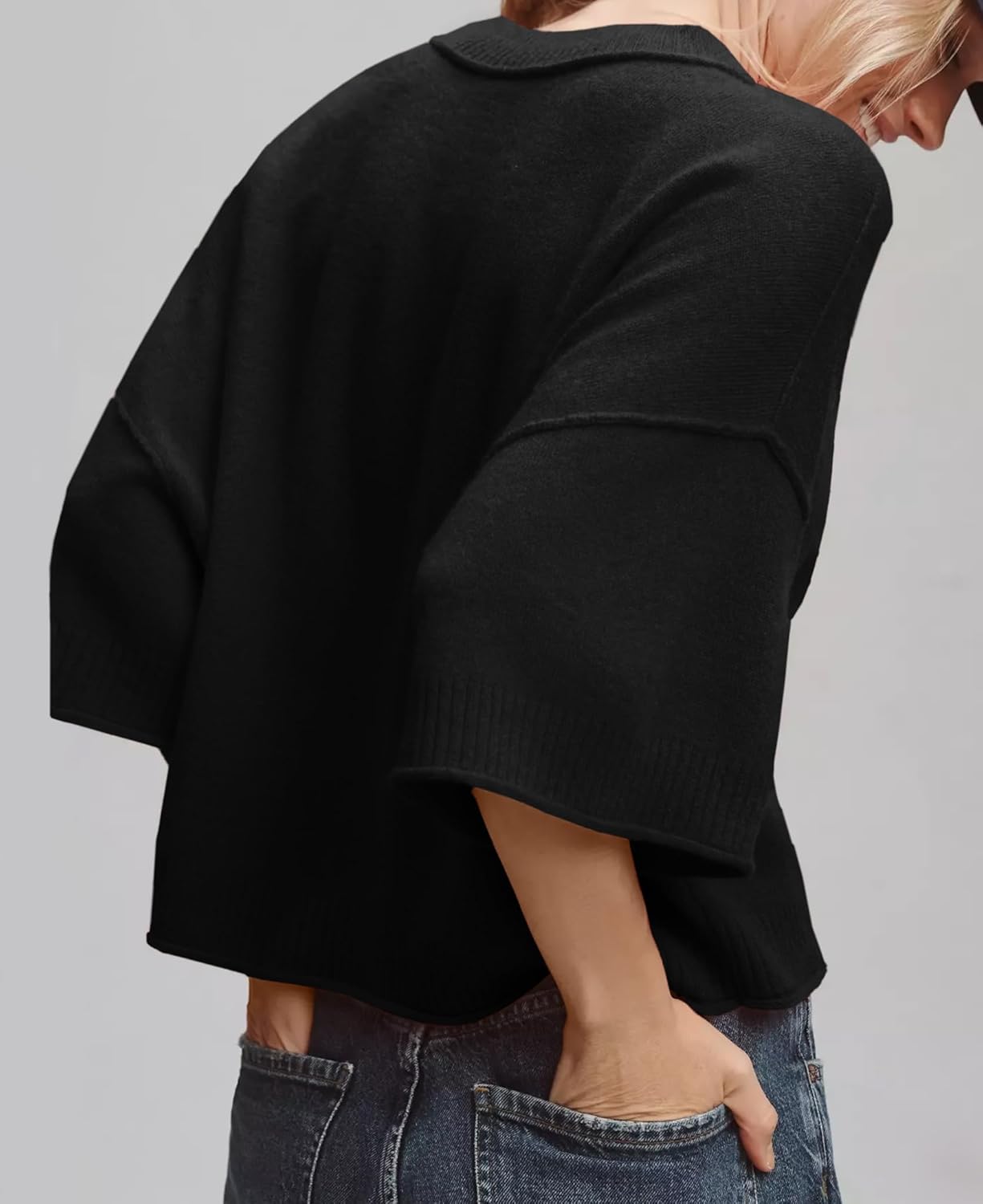 ZDC Women's Oversized Sweaters Summer 3/4 Sleeve Casual Cropped Tops Lightweight Loose Fit Knit Pullover