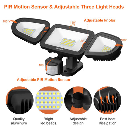 MEIKEE 42W Led Security Lights with Motion Sensor Black PIR Floodlights Outdoor Lights IP66 Waterproof 6500K 180° Adjustable Garden Light for Garage Corridors Terraces Courtyards