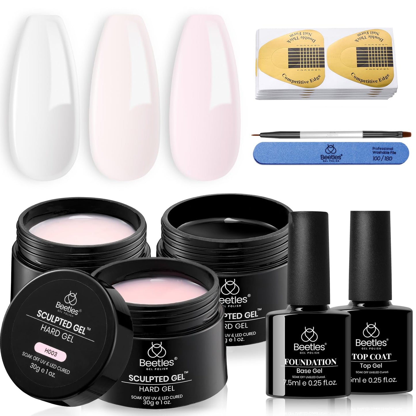 Beetles Builder Gel for Nails-3 Colors 9 in 1 Nail Extension Sculpting Building Clear Nude Pink Hard Gel Kit with Base Top Coat for Pros Women,UV & LED Lamp Cured Needed