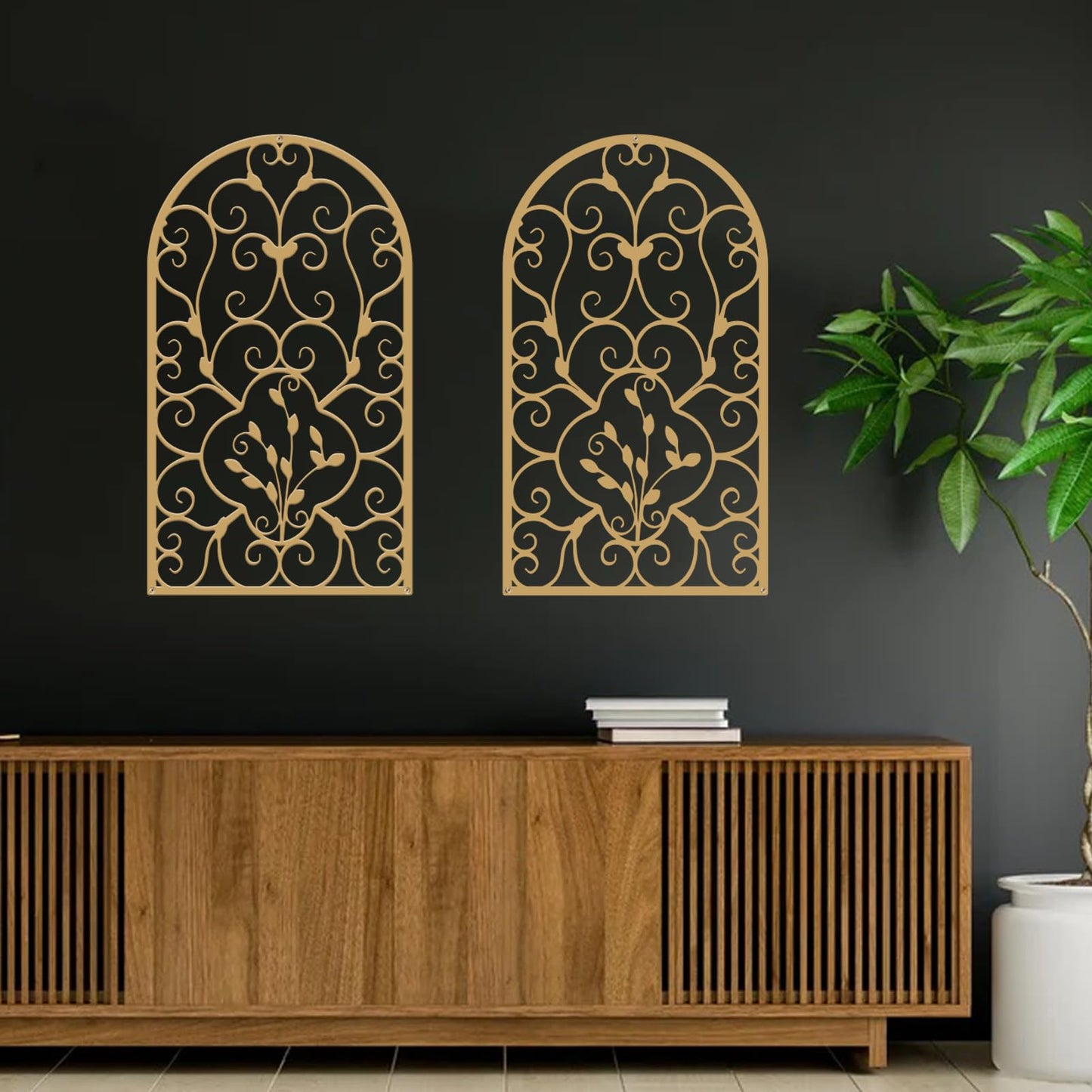 Resama 2 Pcs Scroll Home Wall Decor, Rustic Metal Wall Decor Arch Design Modern Farmhouse Wall Sculptures Hanging for Living Room Bedroom Hallway Kitchen (Gold, 15.7" X 9")