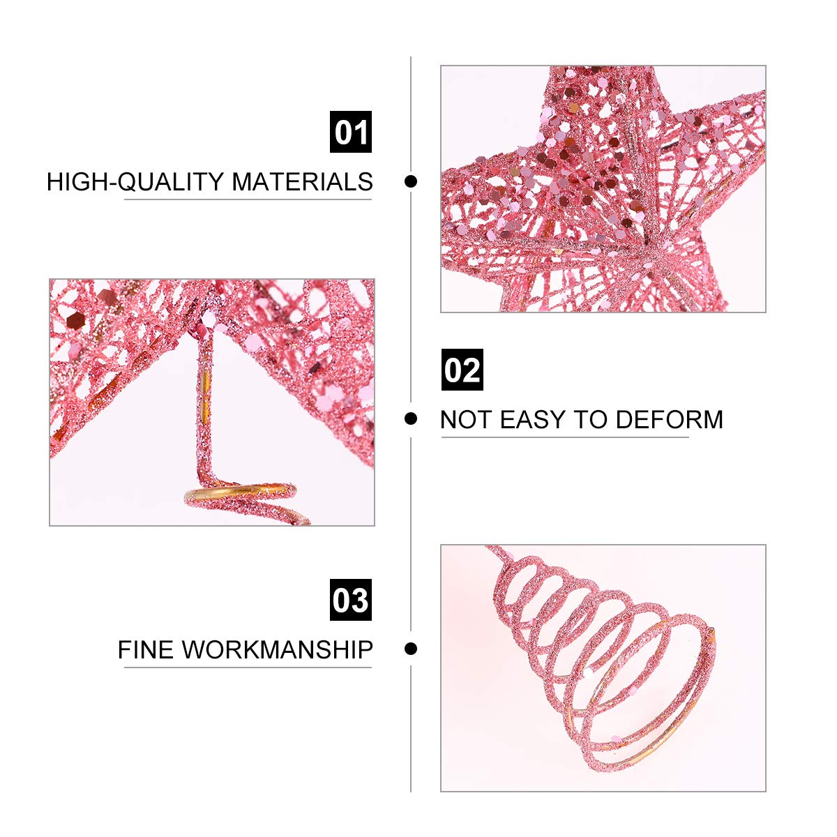 Amosfun Christmas Tree Topper 10 Inch Pink Glitter Star with Metal Hollow Design Wire Star Treetop for Holiday Christmas Home Decoration