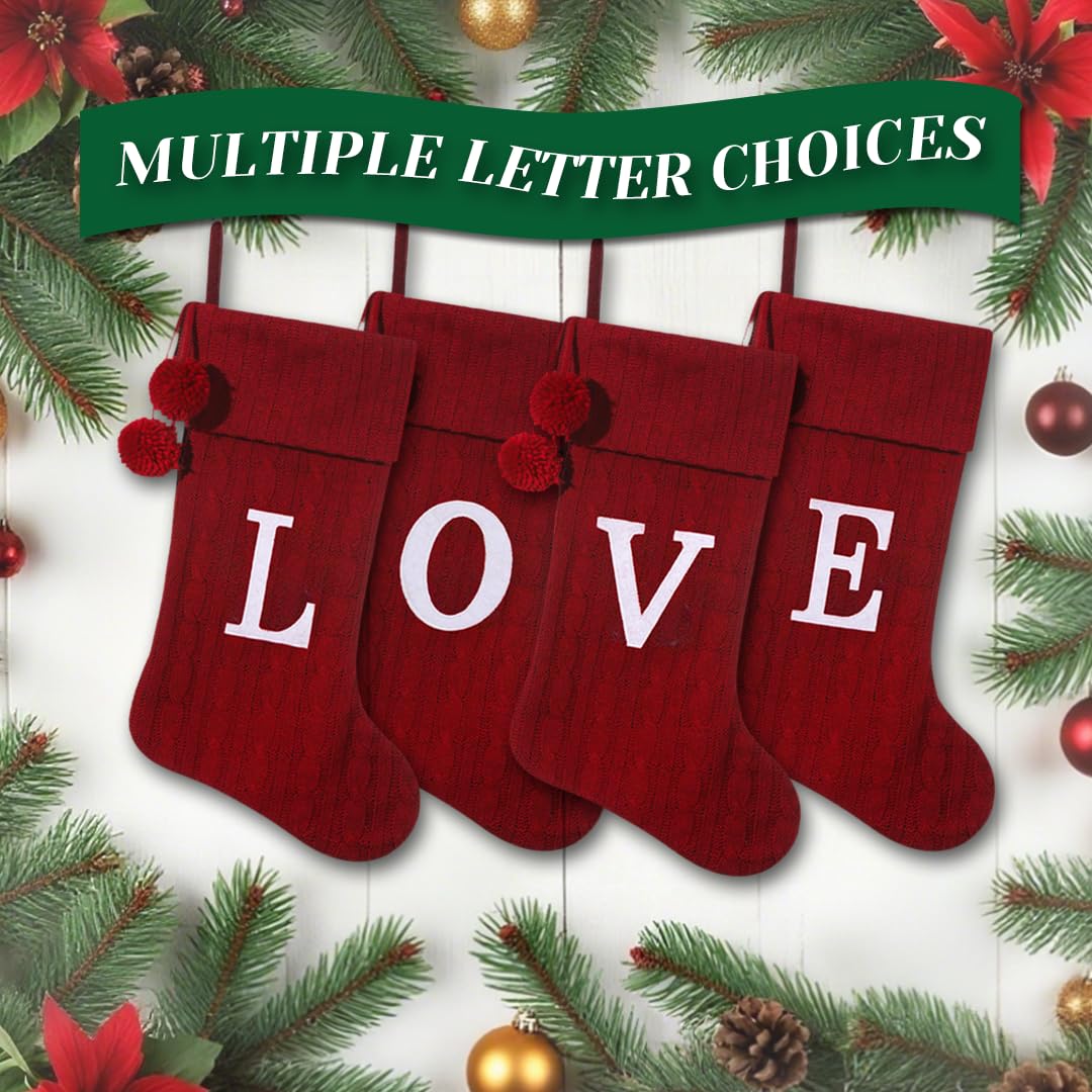 Pxniy Personalized Christmas Stocking 19 Inch - Burgundy Cable Knit with Monogram Embroidery & Pom Poms, Family Fireplace Hanger for Holiday Decor, Burgundy Letter B
