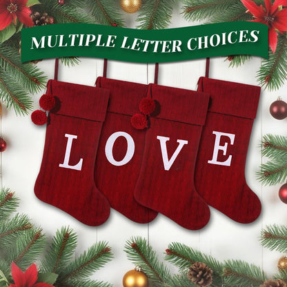 Pxniy Personalized Christmas Stocking 19 Inch - Burgundy Cable Knit with Monogram Embroidery & Pom Poms, Family Fireplace Hanger for Holiday Decor, Burgundy Letter B