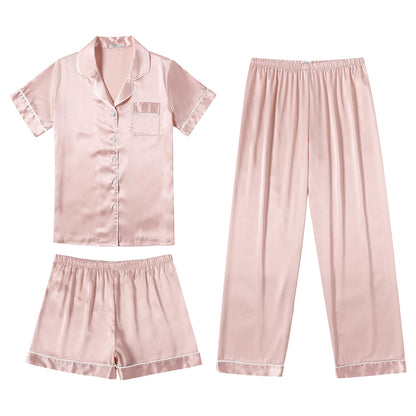 Ekouaer Silk Pajamas for Women Set Satin Pjs Soft Short Sleeve Button Down Sleepwear 3 Piece Loungewear S-XXL