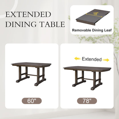 Ball & Cast 60"-78" Extendable Farmhouse Dining-Table for 6-8, Expandable Wooden Kitchen Table with 18" Removable Leaf, Large Retro H-Leg Dining Room Table for 4-8,Space Saving & Sturdy, Brown