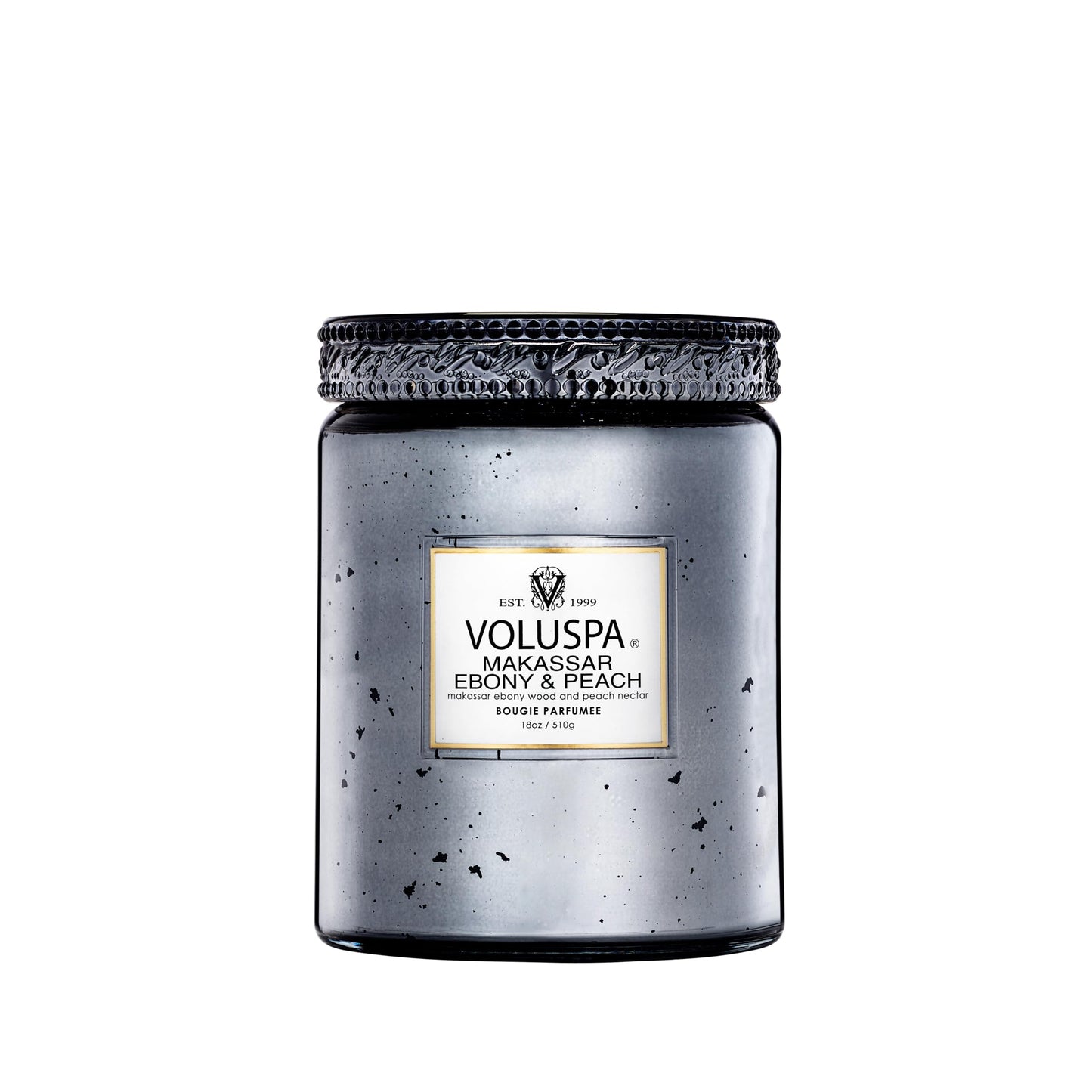 Voluspa Makassar Ebony & Peach Candle | Large Glass Jar | 18 Oz | 100 Hour Burn Time | Coconut Wax for Clean Burning |