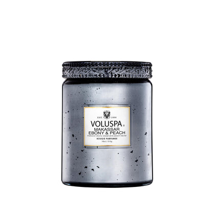 Voluspa Makassar Ebony & Peach Candle | Large Glass Jar | 18 Oz | 100 Hour Burn Time | Coconut Wax for Clean Burning |