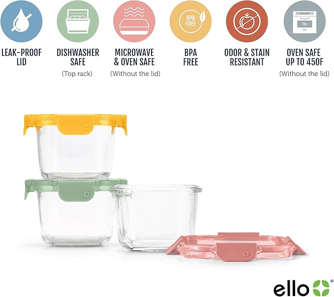 Ello Color Lock 2 Cup 6PC, 3 Pack Glass Meal Prep Sets Leak-Proof Glass Food
