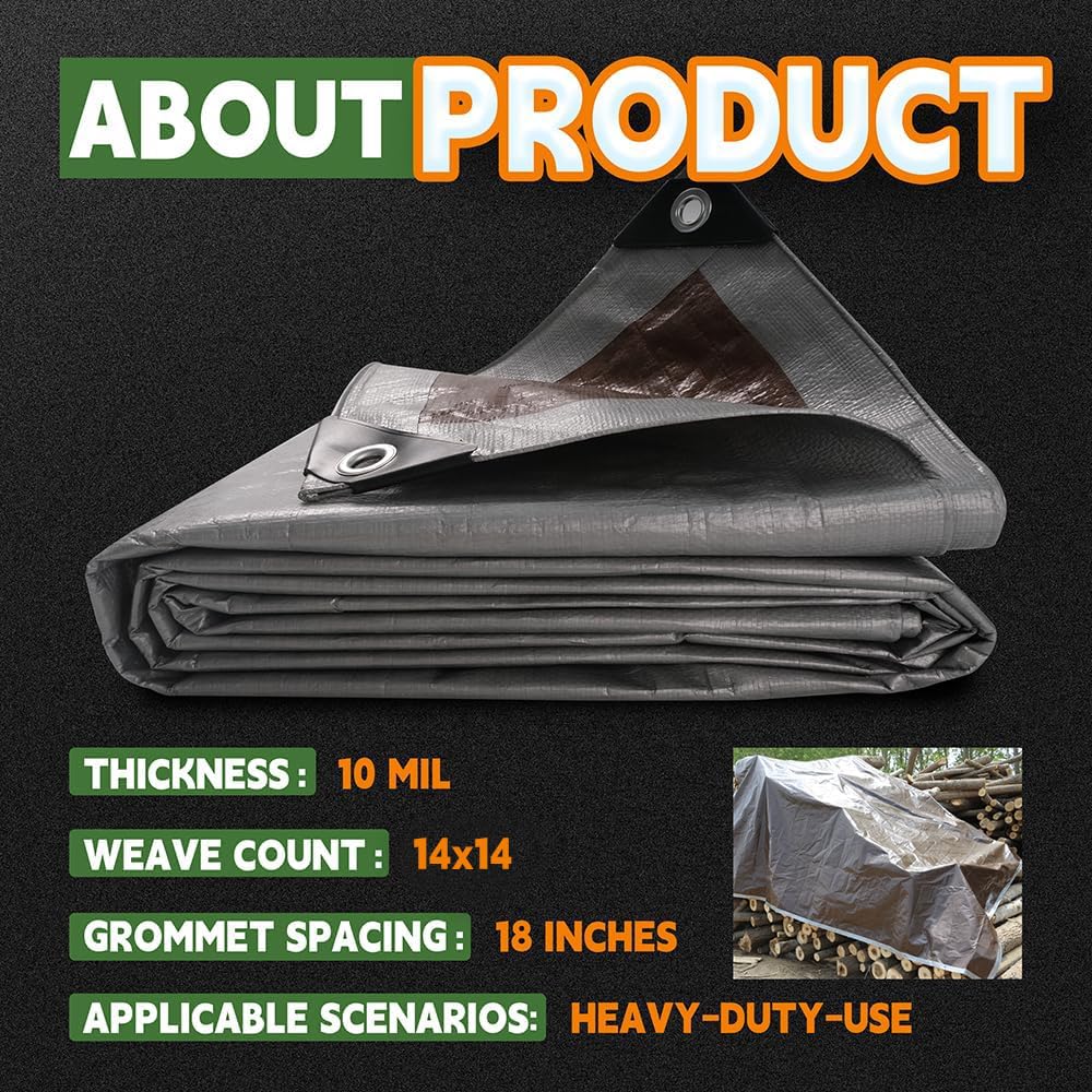 RAINDEWAY Large Tarp,40x60 Feet Tarps Heavy Duty Waterproof,10Mil Thick Multipurpose Tarp Cover with Metal Grommets and Reinforced Edges,Silver/Brown