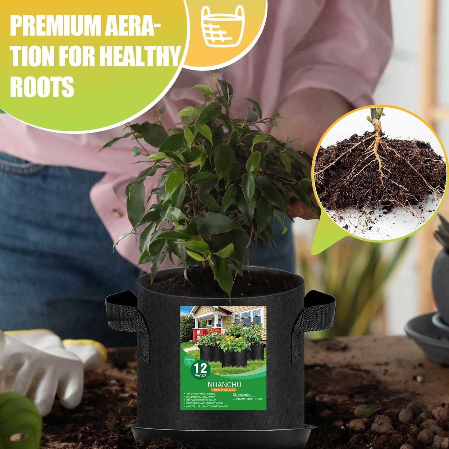 Funnymoom 12 Sets 2 Gallon Grow Bags with Plant Saucers, Durable Fabric Plant Pots with Handles, Aeration Drainage Planter Bags for Planter, Reusable Garden Bags Drip Trays Set for Indoor Outdoor