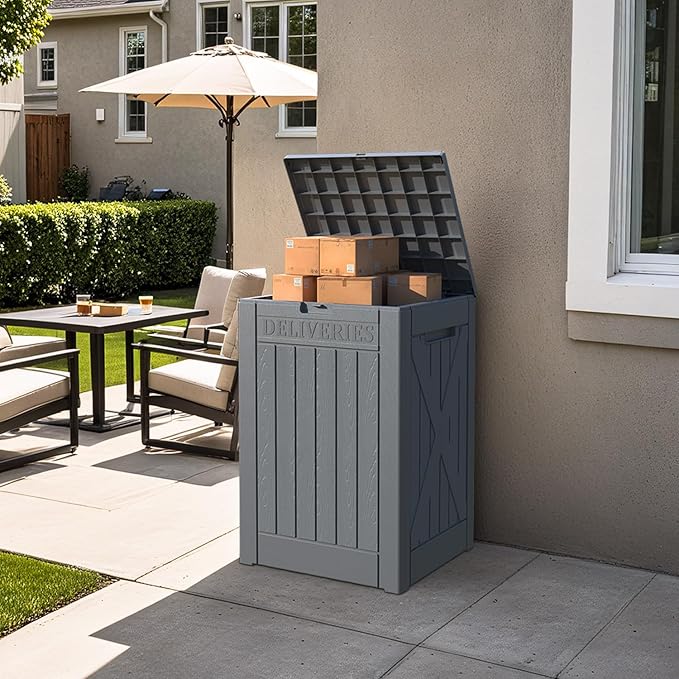 Patiowell 48-Gallon Resin Package Delivery Box for Outside, Waterproof Storage Deck Box with Lockable Secure (Grey)