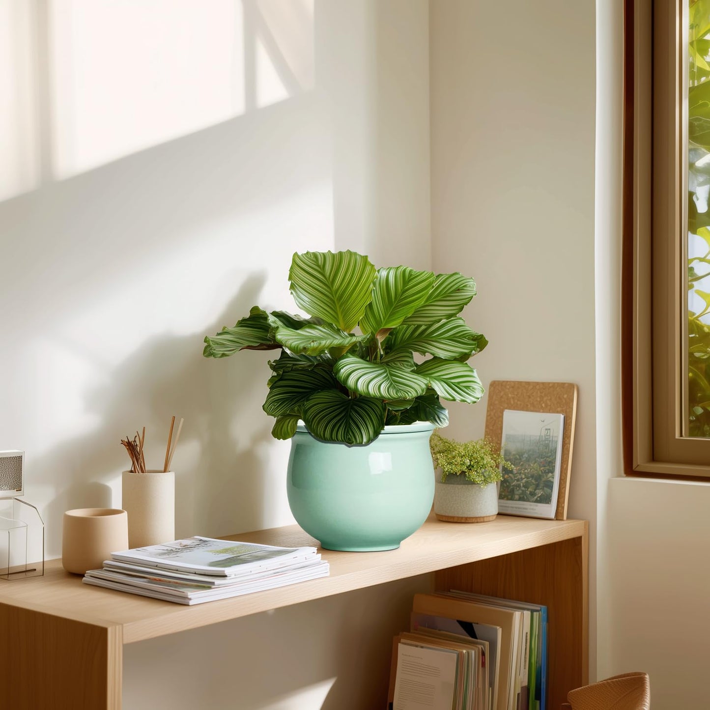 Teagas 6 Inch African Violet Pots, Ceramic Self Watering Planter with Absorbent Inner Pot, Round Pots for Indoor Plants Outdoor, Ceramic Flower Pot, Office Decor, Plant Lover Gifts, Mint Green