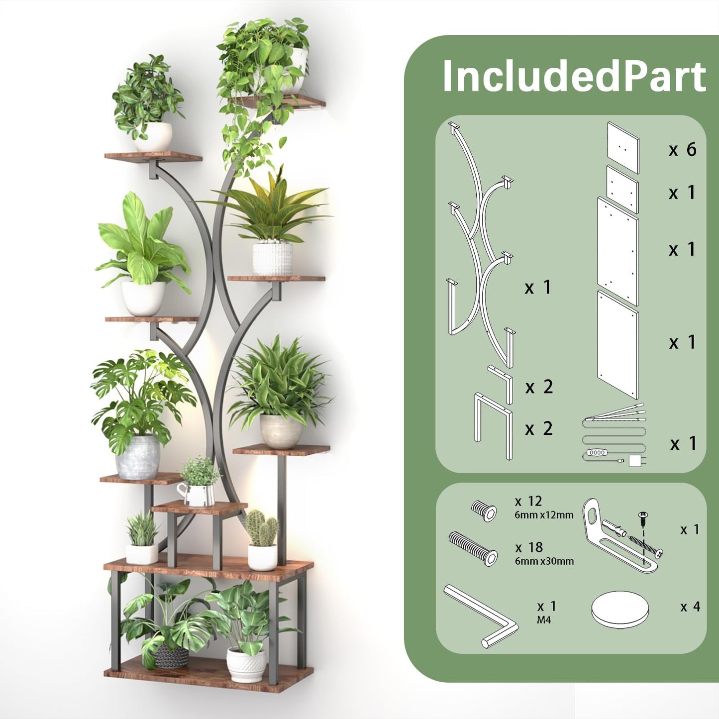 REFGY 65 inch Plant Stand Indoor with Grow Lights, 9 Tiered Metal Plant Stands Indoor, Tall Plant Shelf for Multiple Plants, for Living Room, Patio Balcony or Office (Rustic Brown)